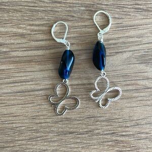 HAND CRAFTED BUTTERFLY EARRINGS, Blue and Silver